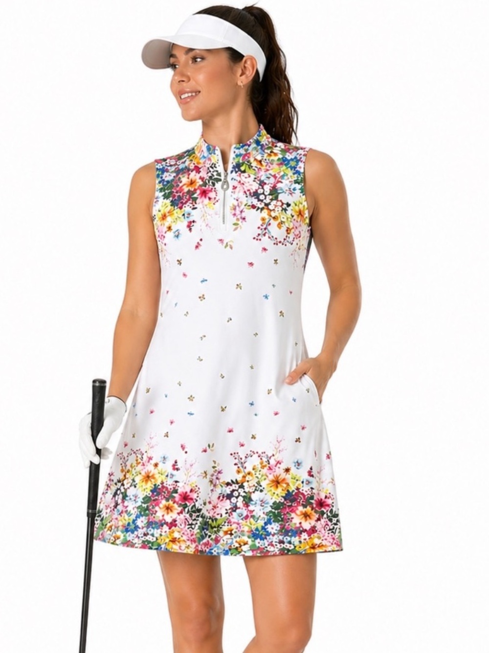 ACEGOLFS Floral Sport Dress UPF 50+ Golf Tennis Pickleball Zip Pockets Medium